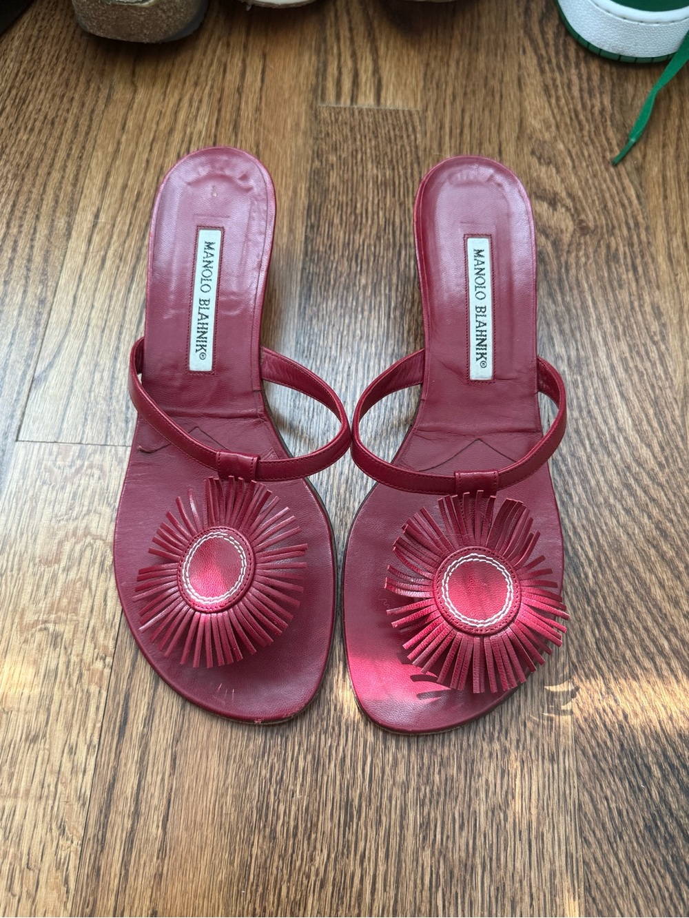 Manolo Blahnik Red Leather Fringe Slide Mules